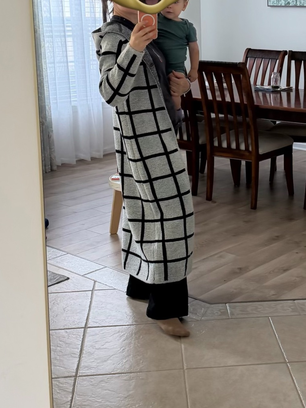 Sioni Gray Black Plaid Hooded Longline Knit Cardigan S